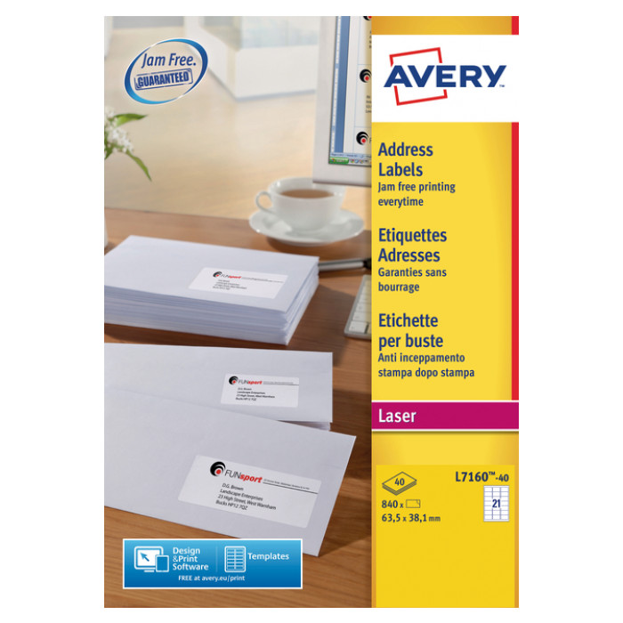 Etiket Avery L7160-40 63.5x38.1mm wit 840stuks