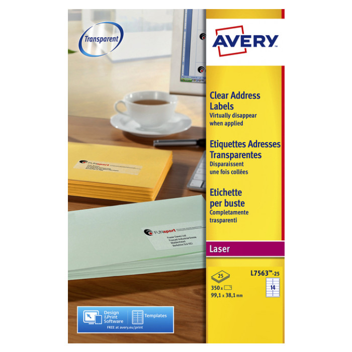 Etiket Avery L7563-25 99.1x38.1mm transparant  mat 350stuks