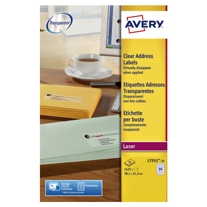 Etiket Avery L7551-25 38.1x21.1mm transparant 1625stuks