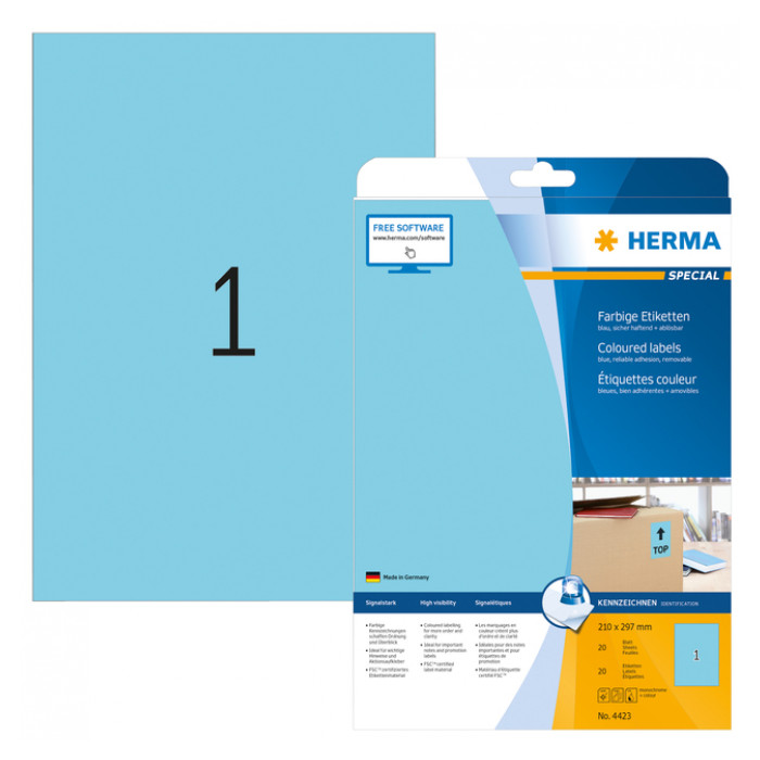 Etiket HERMA 4423 210x297mm A4 verwijderbaar blauw 20stuks