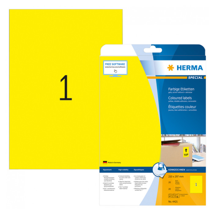 Etiket HERMA 4421 210x297mm verwijderbaar A4 geel 20stuks