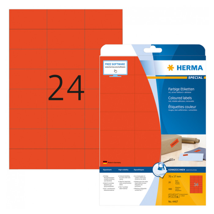 Etiket HERMA 4467 70x37mm verwijderbaar rood 480stuks