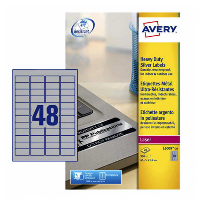 Etiket Avery L6009-20 45.7x21.2mm zilver 960stuks