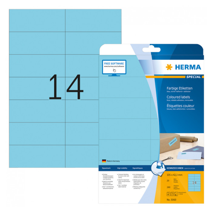 Etiket HERMA 5060 105x42.3mm verwijderbaar blauw 280stuks