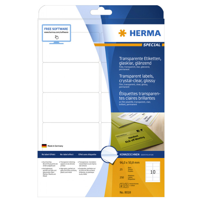 Etiket HERMA 8018 96x50.8mm transparant 250 stuks