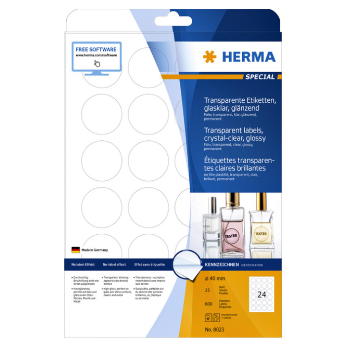 Etiket HERMA 8023 40mm rond transparant 600 stuks