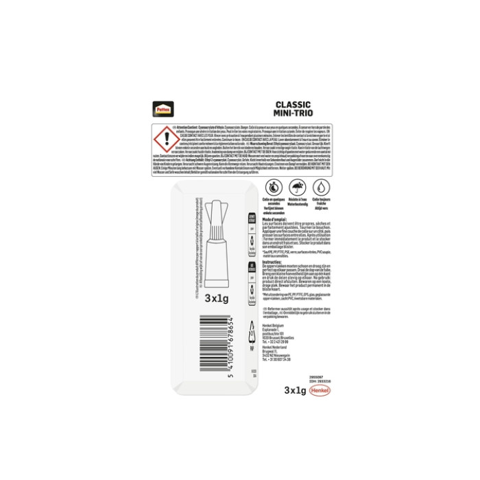 Secondelijm Pattex Classic mini trio tube 3x1gram op blister