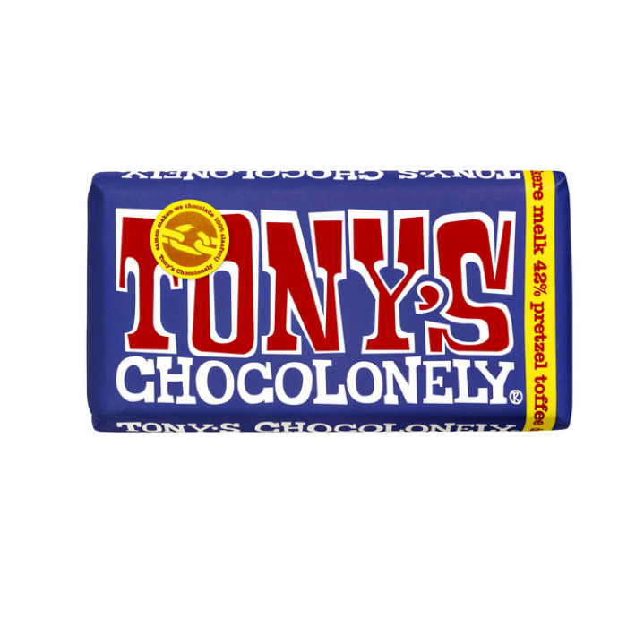 Chocolade Tony's Chocolonely donker melk pretzel toffee reep 180gr