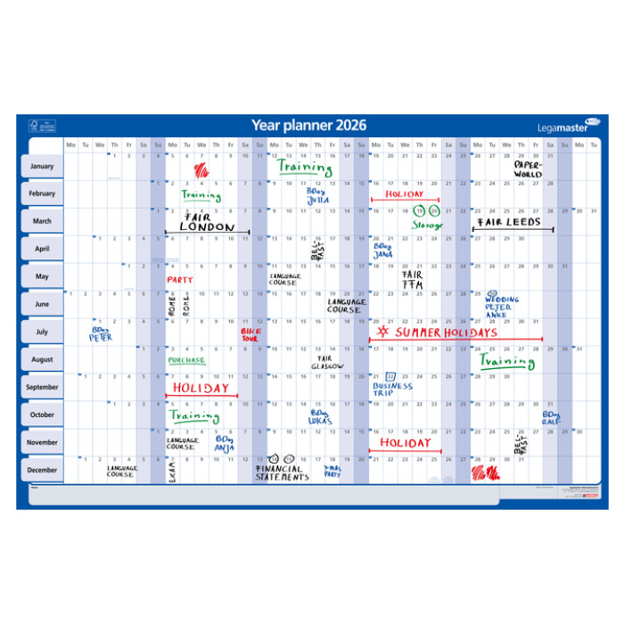 Jaarplanner 2025 Legamaster 90x60cm horizontaal gelamineerd Engelstalig
