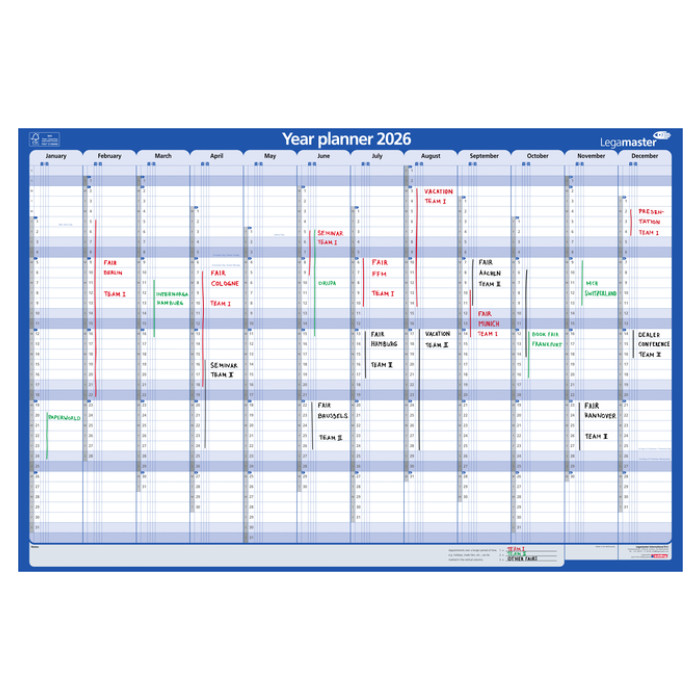 Jaarplanner 2025 Legamaster  1 persoon 90x60cm horizontaal gelamineerd Engelstalig