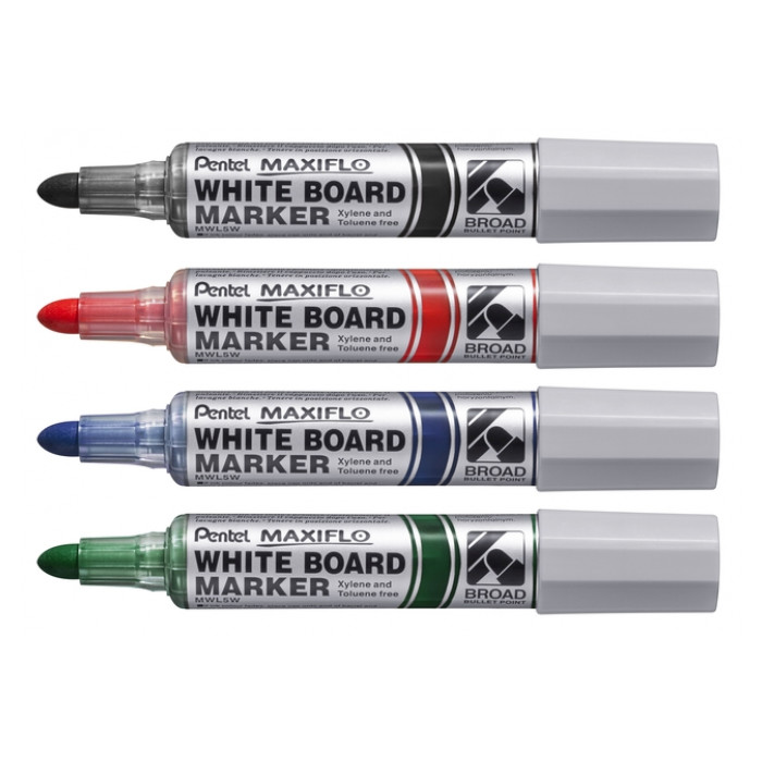 Viltstift Pentel MWL5M Maxiflo whiteboard rond 3mm assorti set à 4 stuks