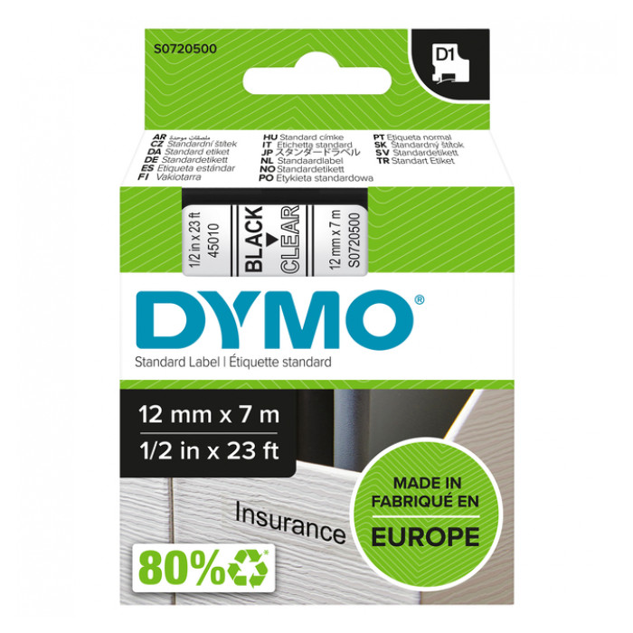 Labeltape Dymo LabelManager D1 polyester 12mm zwart op transparant