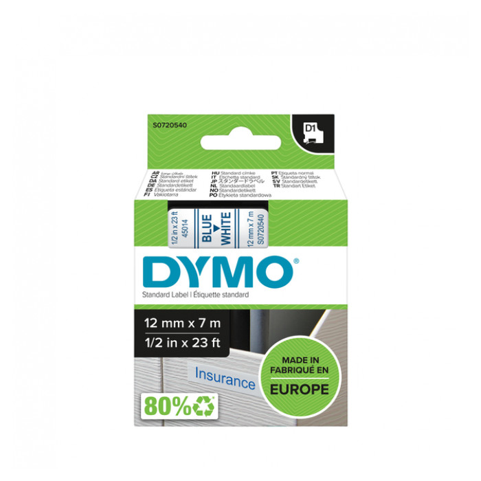 Labeltape Dymo D1 45014 720540 12mmx7m polyester blauw op wit