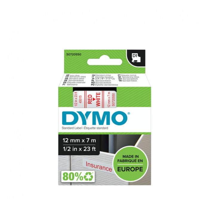 Labeltape Dymo D1 45015 720550 12mmx7m polyester rood op wit