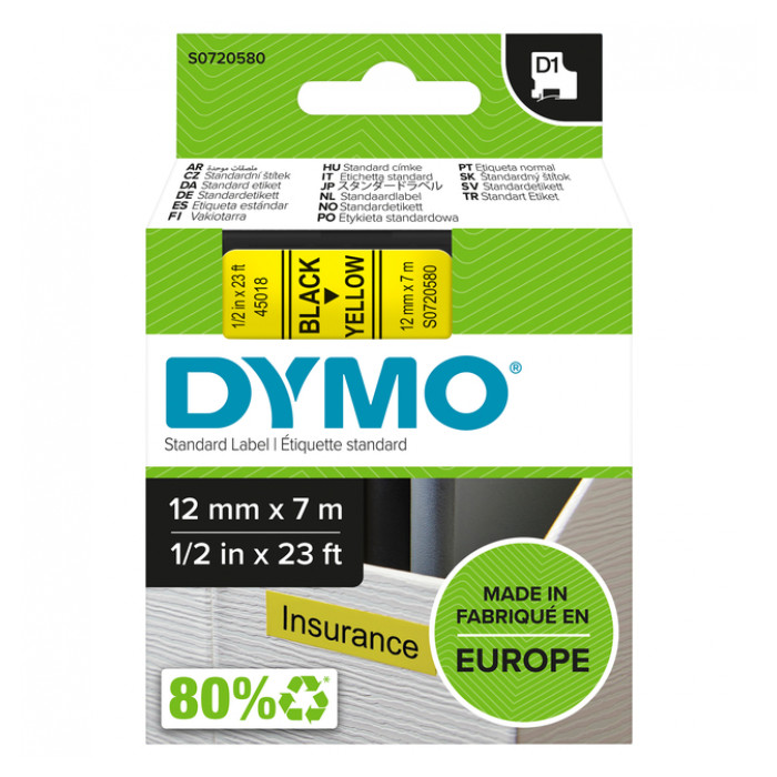 Labeltape Dymo D1 45018 720580 12mmx7m polyester zwart op geel