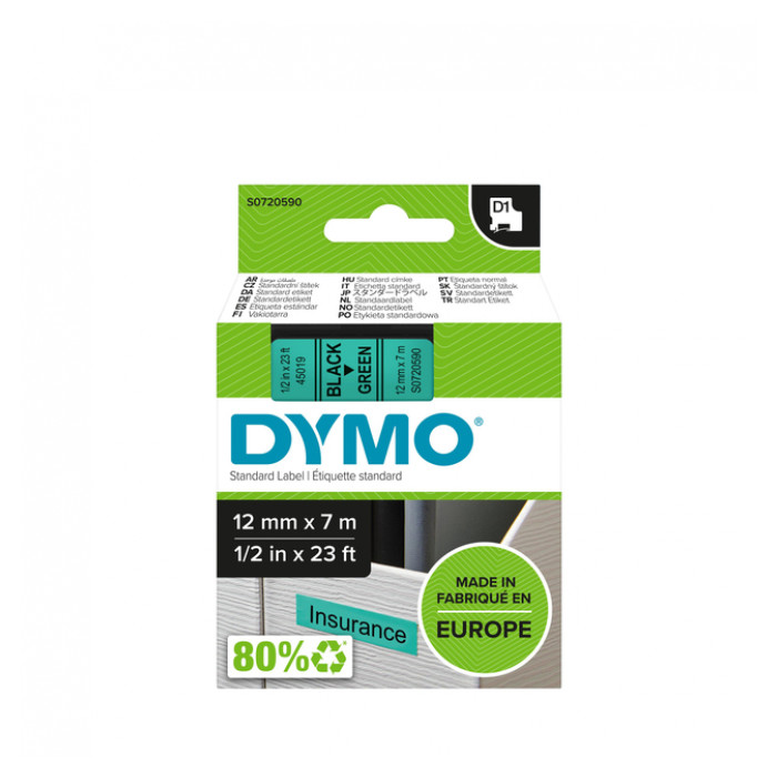 Labeltape Dymo D1 45019 720590 12mmx7m polyester zwart op groen