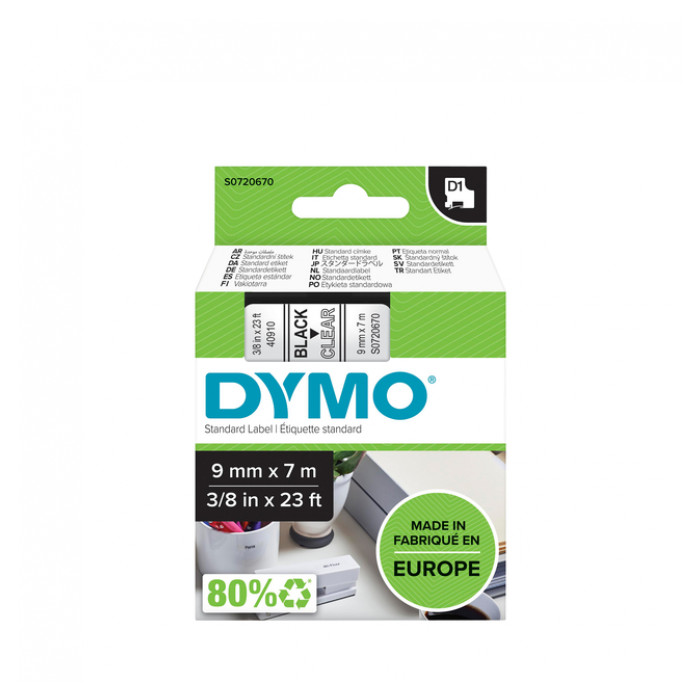 Labeltape Dymo D1 40910 720670 9mmx7m polyester zwart op transparant