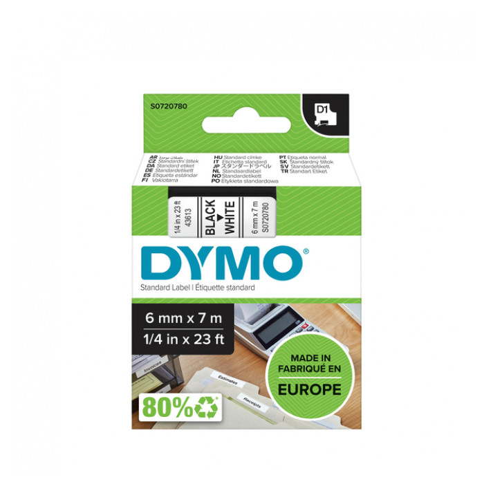 Labeltape Dymo LabelManager D1 polyester 6mm zwart op wit