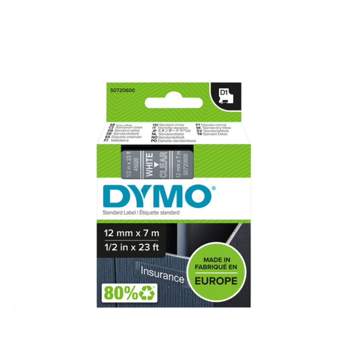 Labeltape Dymo D1 45020 720600 12mmx7m polyester wit op transparant