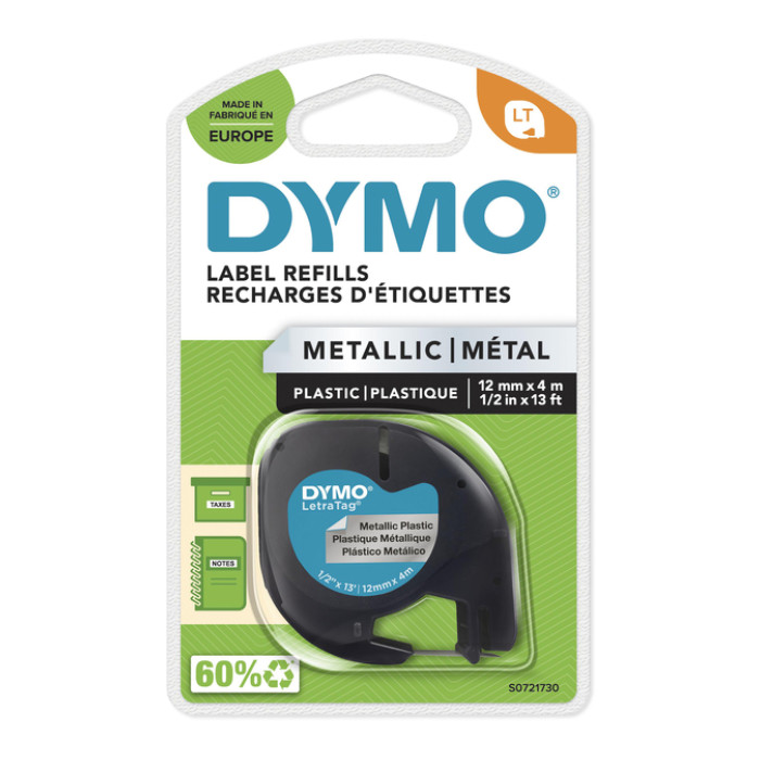 Labeltape Dymo LetraTag metallic 12mm zwart op zilver