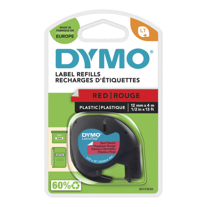 Labeltape Dymo LetraTag plastic 12mm zwart op rood