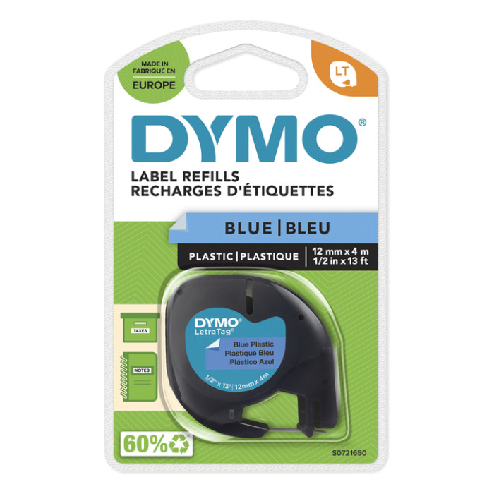 Labeltape Dymo LetraTag plastic 12mm zwart op blauw