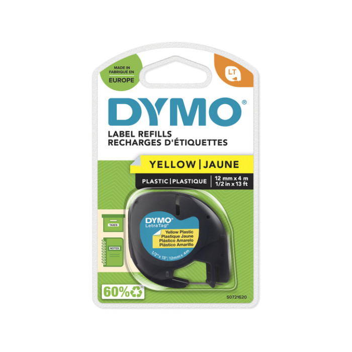 Labeltape Dymo LetraTag plastic 12mm zwart op geel