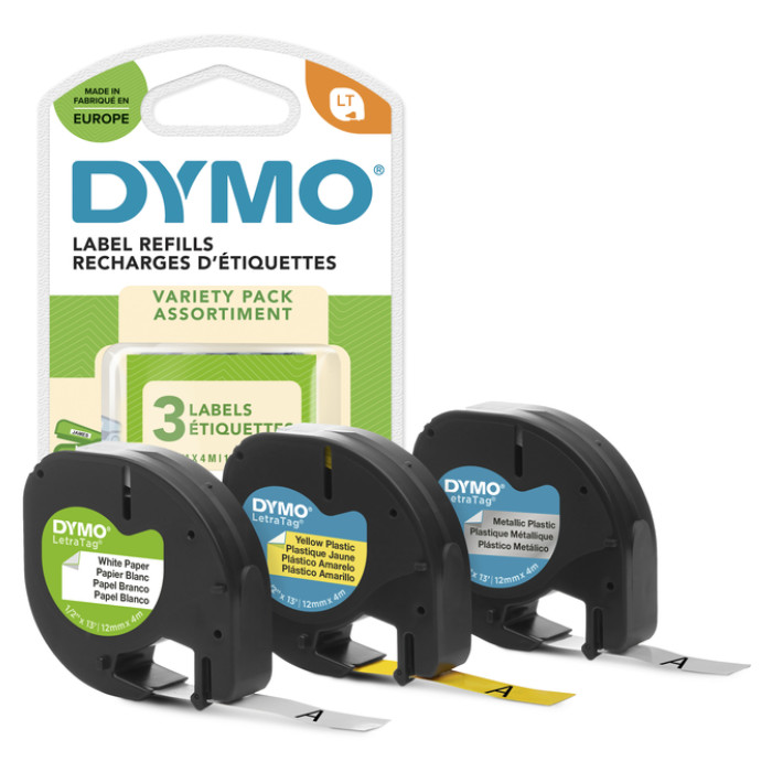 Labeltape Dymo LetraTag 12mm assorti 3 stuks