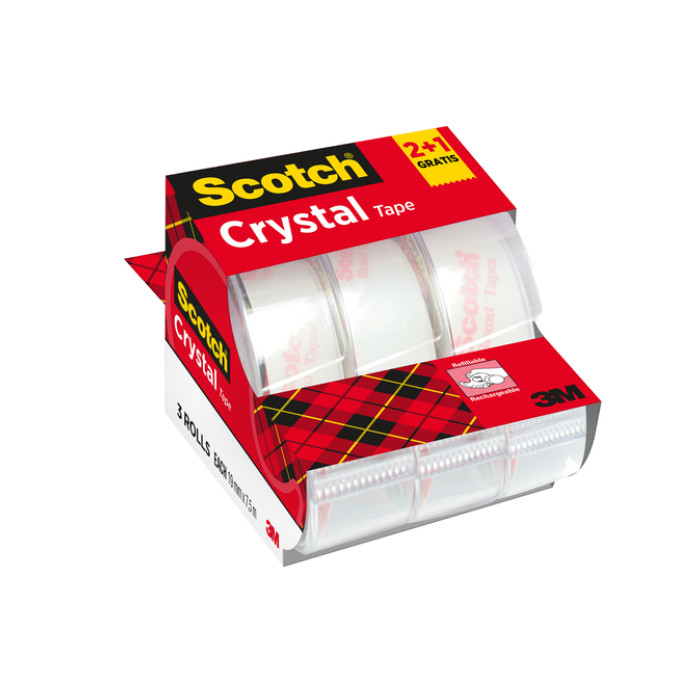 Plakband Scotch Crystal 600 19mmx7.5m transparant 2+1 gratis + handdispenser