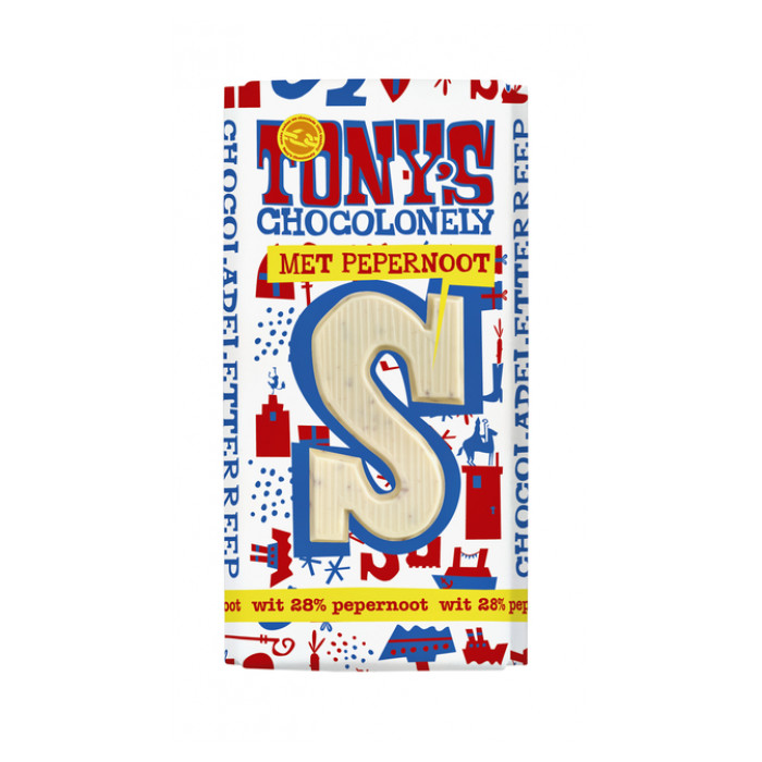 Chocoladeletter Tony's Chocolonely wit pepernoot S 180gr