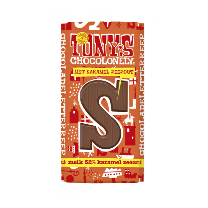 Chocoladeletter Tony's Chocolonely melk karamel zeezout S 180gr