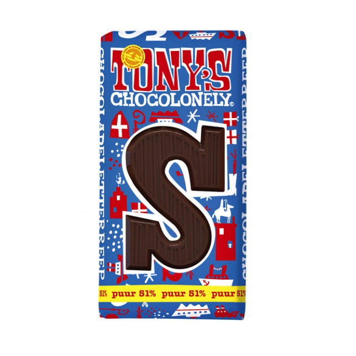 Chocoladeletter Tony's Chocolonely puur S 180gr