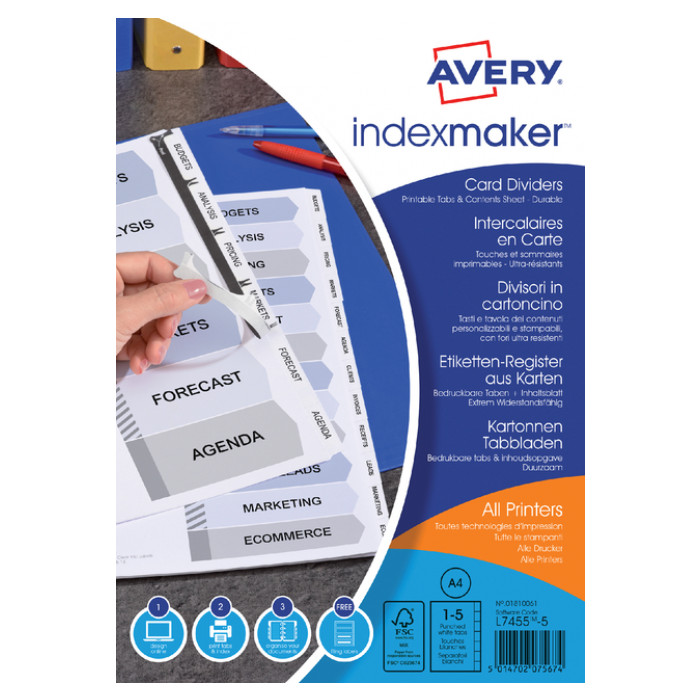 Tabbladen Avery Indexmaker 9-gaats 5-delig wit