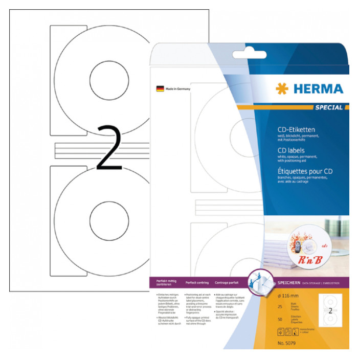 Etiket HERMA 5079 CD 116mm wit opaqua 50stuks