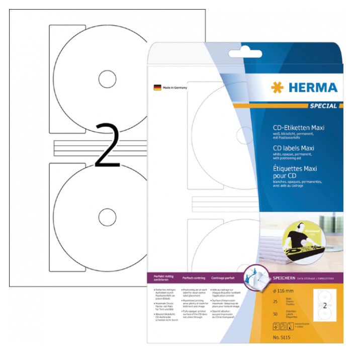 Etiket HERMA 5115 CD 116mm wit 50 stuks