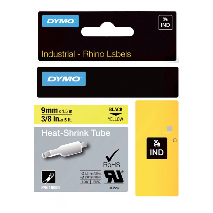 Labeltape Dymo Rhino industrieel krimpkous 9mm zwart op geel