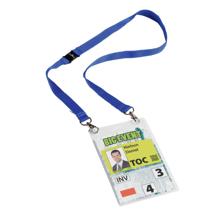 Badge Durable voor evenementen A6 met koord blauw