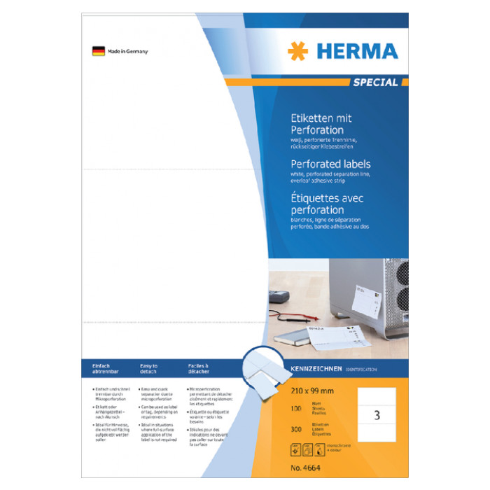 Etiket HERMA 4664 210x99mm geperforeerd wit 300stuks