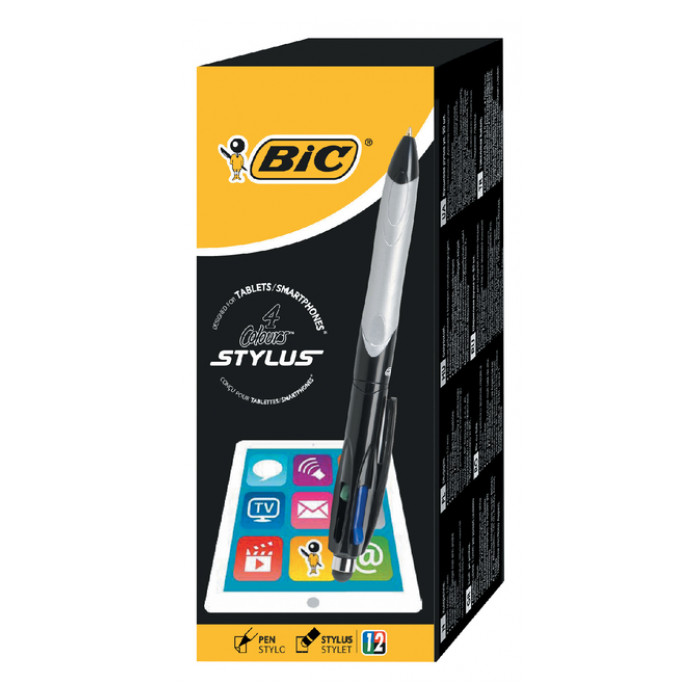 Balpen Bic 4 kleuren colours stylus medium zwart/grijs