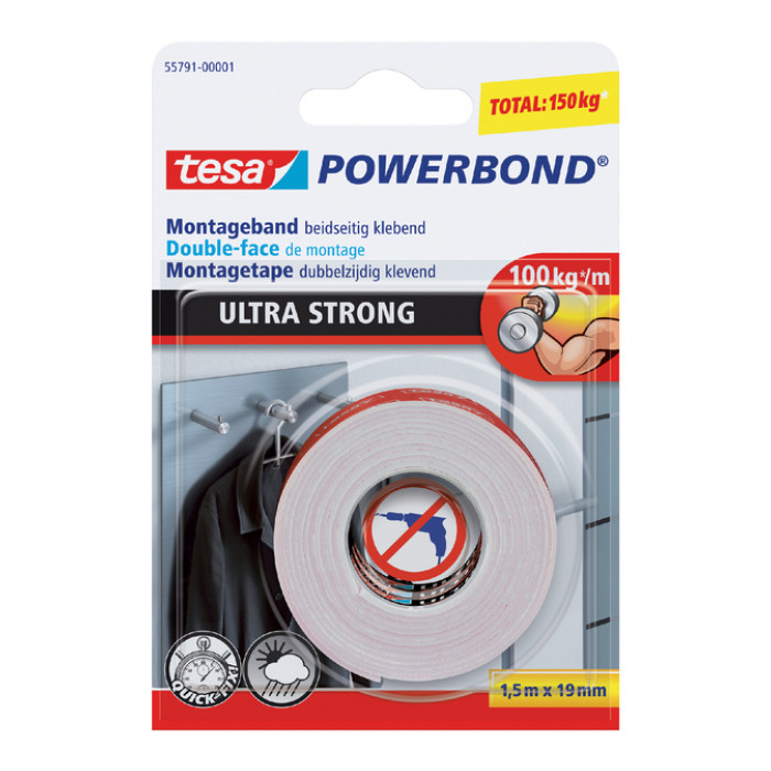 Plakband tesa® Powerbond Ultra Strong dubbelzijdig 1,5mx19mm wit