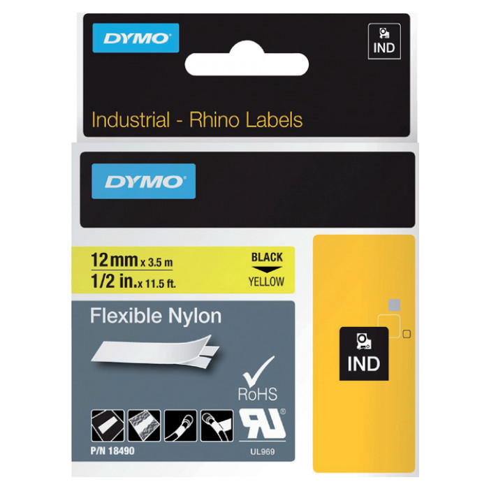 Labeltape Dymo Rhino industrieel nylon 12mm zwart op geel