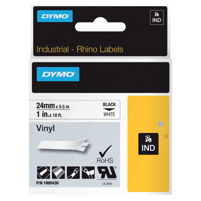 Labeltape Dymo Rhino industrieel vinyl 24mm zwart op wit