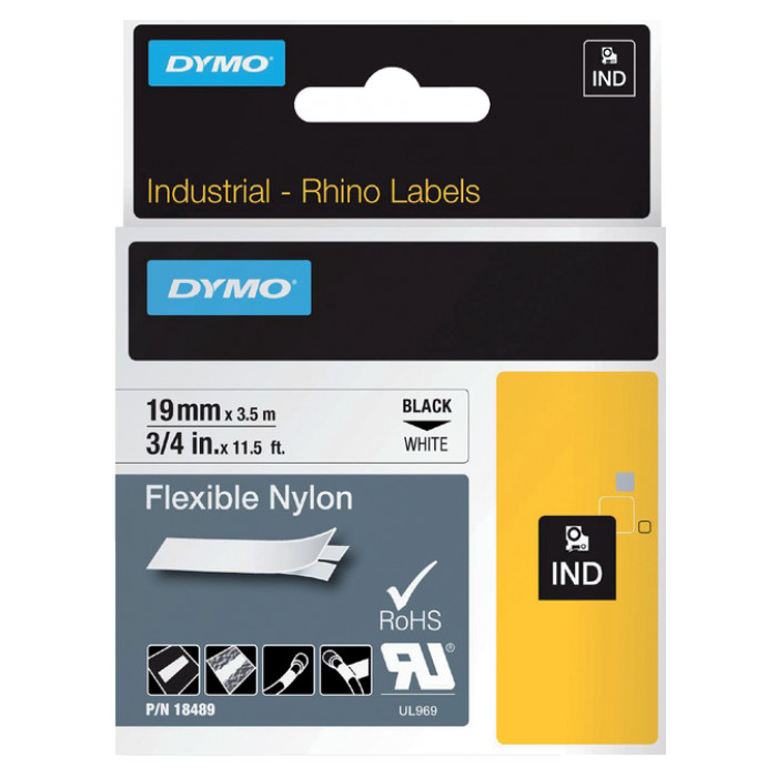 Labeltape Dymo Rhino industrieel nylon 19mm zwart op wit