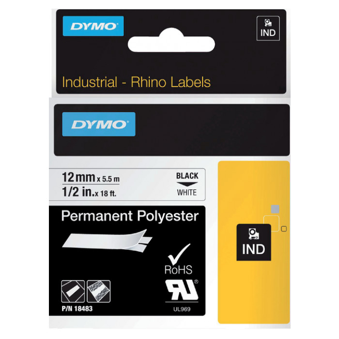 Labeltape Dymo Rhino 18483 12mmx5.5m polyester zwart op wt