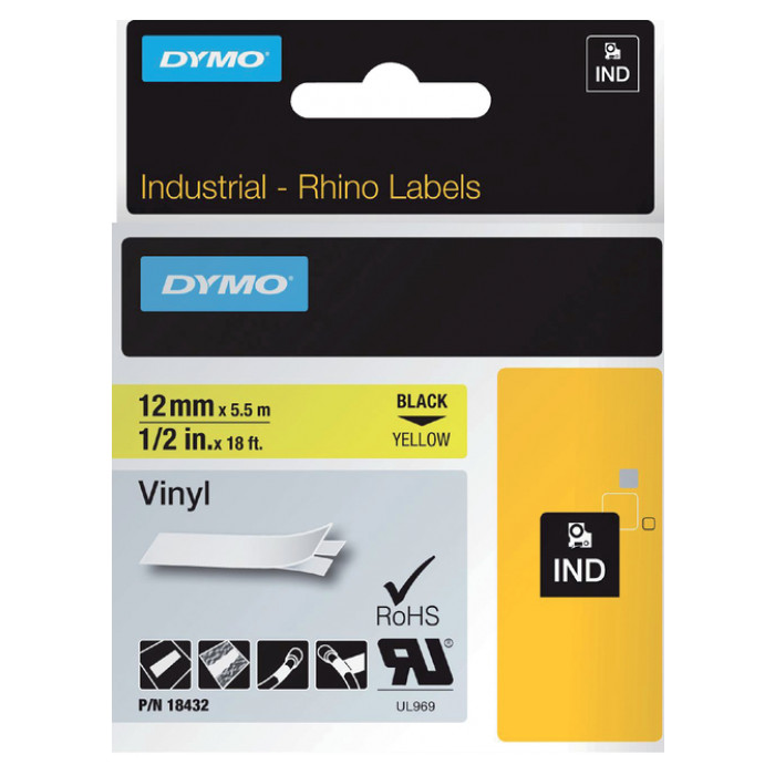Labeltape Dymo Rhino industrieel vinyl 12mm zwart op geel