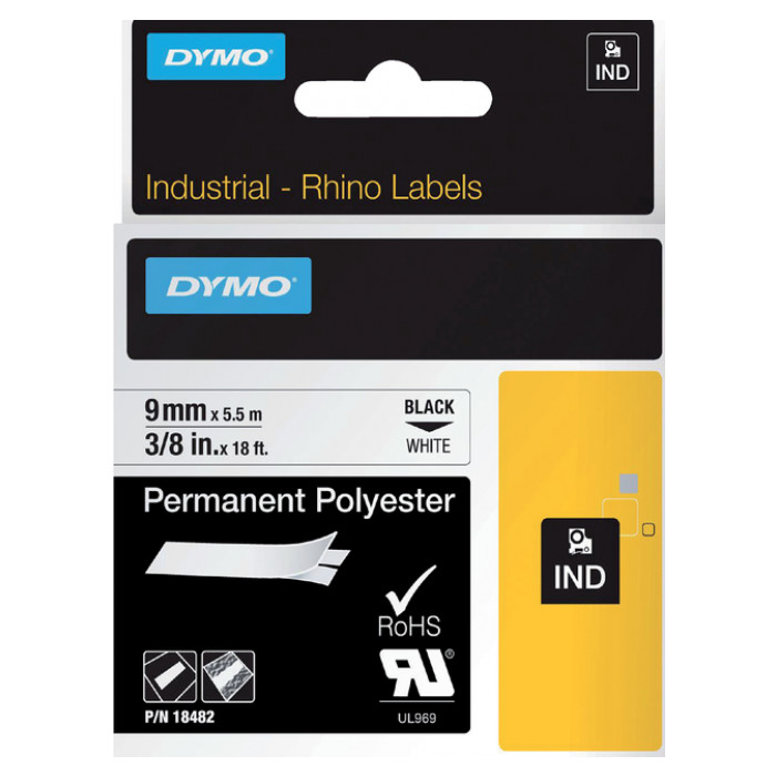 Labeltape Dymo Rhino industrieel polyester 9mm zwart op wit