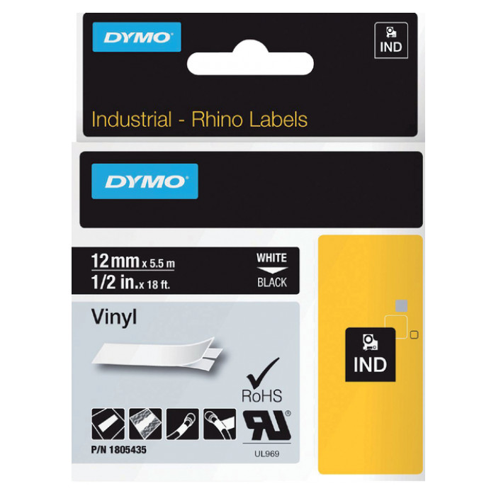 Labeltape Dymo Rhino industrieel vinyl 12mm wit op zwart