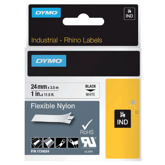 Labeltape Dymo Rhino industrieel nylon 24mm zwart op wit