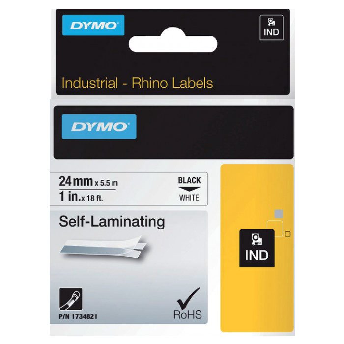 Labeltape Dymo Rhino industrieel zelflaminerend 24mm zwart op wit