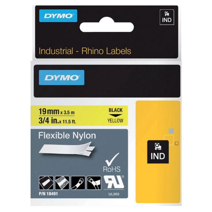 Labeltape Dymo Rhino industrieel nylon 19mm zwart op geel